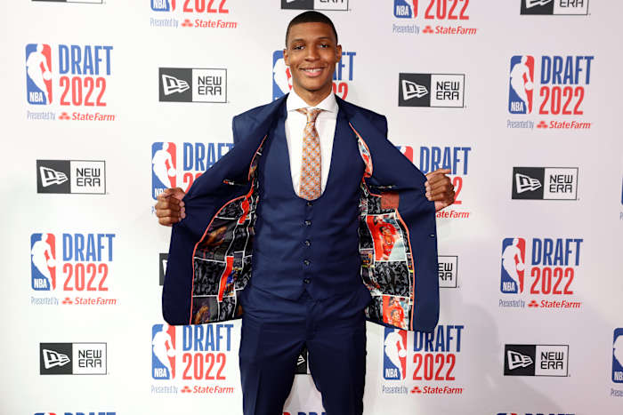 Jun 23, 2022; Brooklyn, NY, USA; Jabari Smith (Auburn) poses for photos on the red carpet before the 2022 NBA Draft at Barclays Center. Mandatory Credit: Brad Penner-USA TODAY Sports